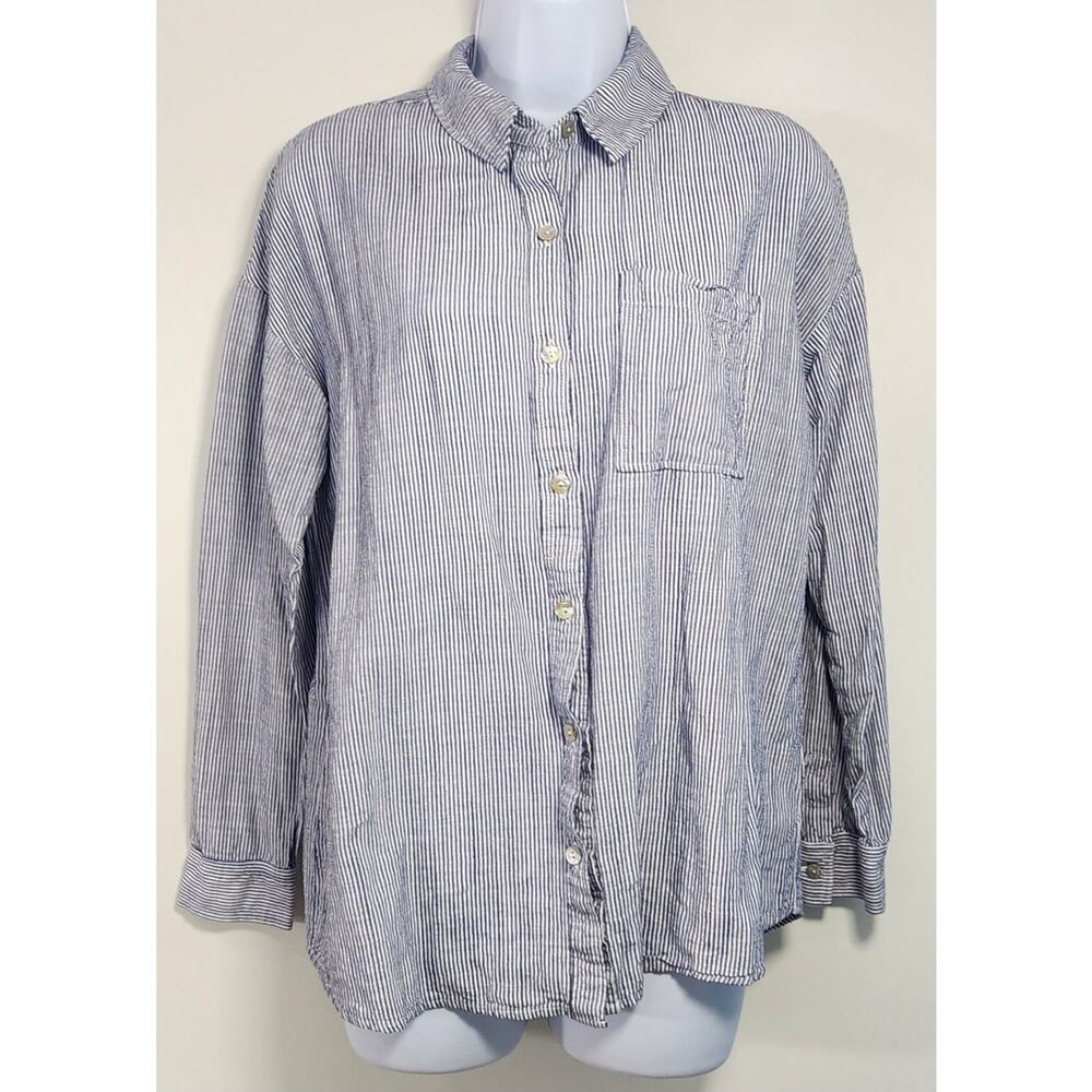 BeCool Blue White Stripe Button Up‎ Shirt Linen Blend S/M Casual Top